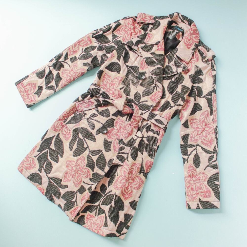 Custo Barcelona Pink Floral Jacquard Belted Trench Coat Women's Size 38 Vintage